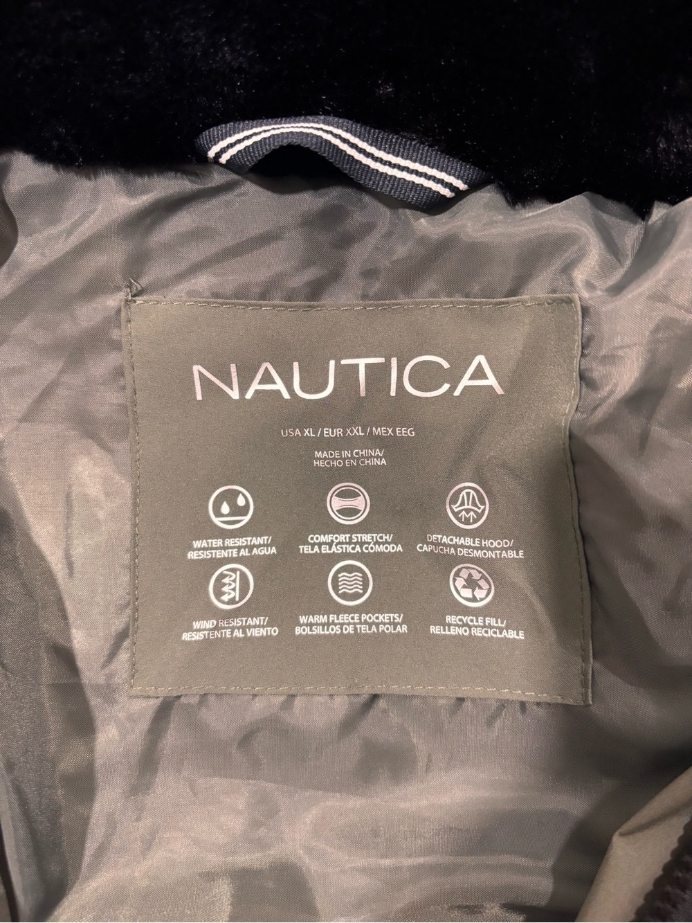 Nautica Olive Quilted Puffer Jacket with Black Faux Fur Trim - Picture 3 of 3